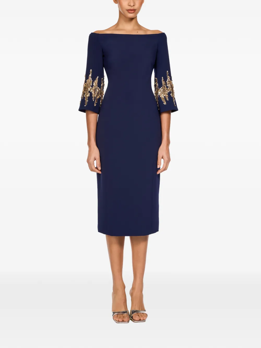 Jenny Packham Aster sequin-embellished off-shoulder midi dress - Blauw
