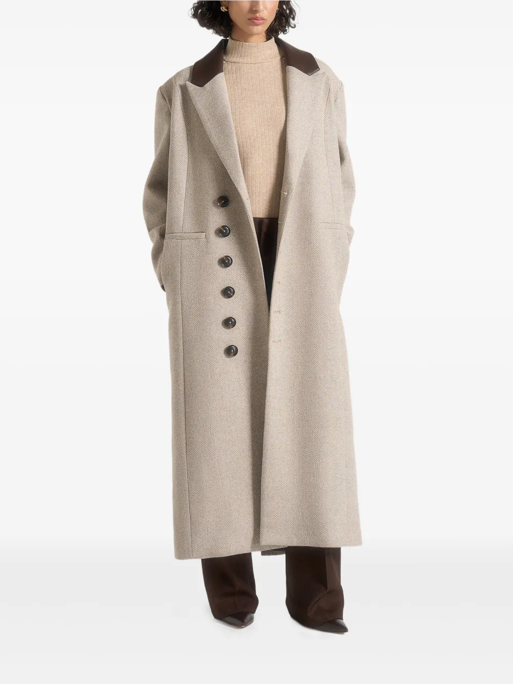  Manière De Voir Anissa Herringbone-pattern Leather-belt Beige Oversized Coat - Neutrals 