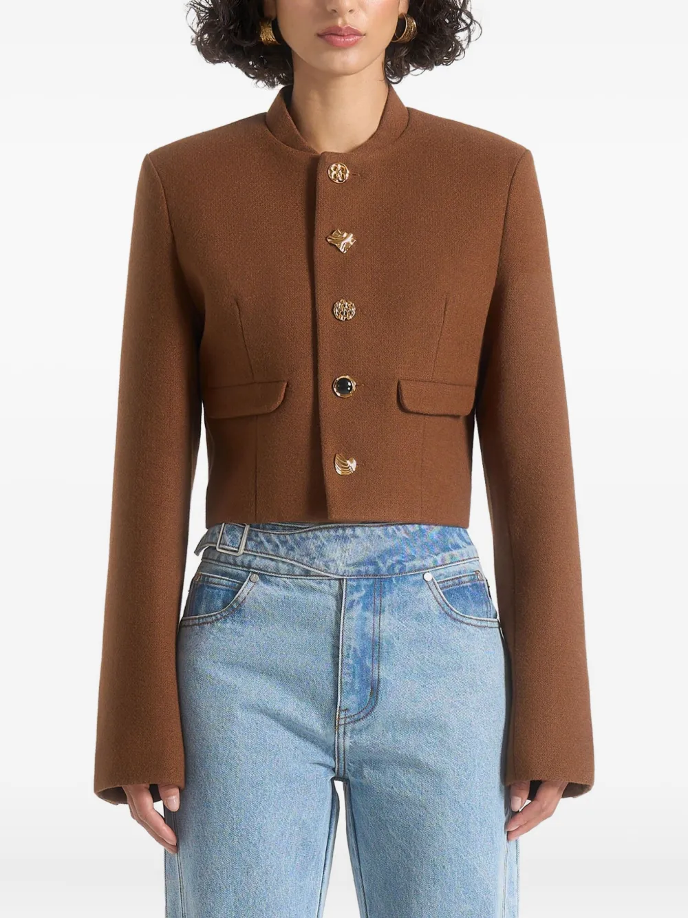 Manière De Voir Evana Stand-collar Button Jacket In Brown