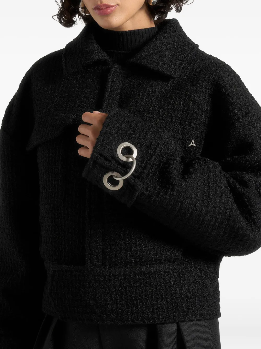 Naela Boxy-Fit Cuff-Detail Tweed Black Jacket