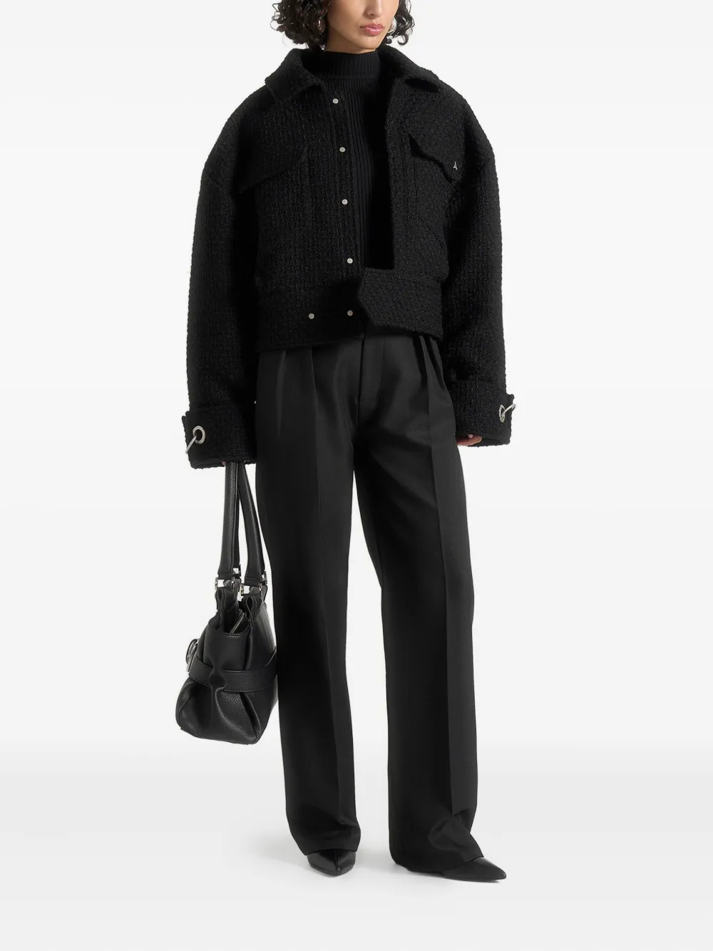 Naela Boxy-Fit Cuff-Detail Tweed Black Jacket