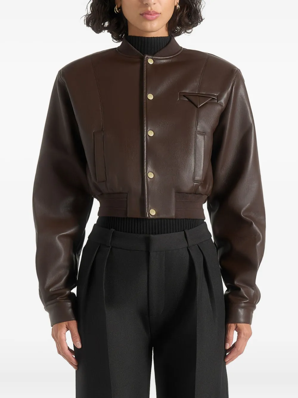 Zina Faux-Leather Wide-Shoulder Brown Bomber Jacket
