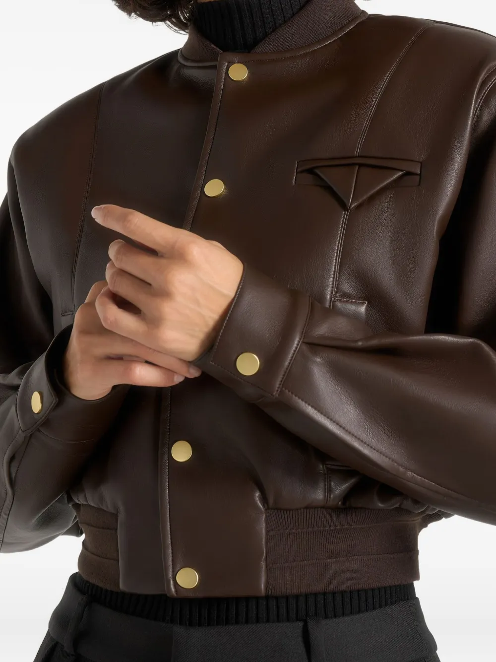 Zina Faux-Leather Wide-Shoulder Brown Bomber Jacket