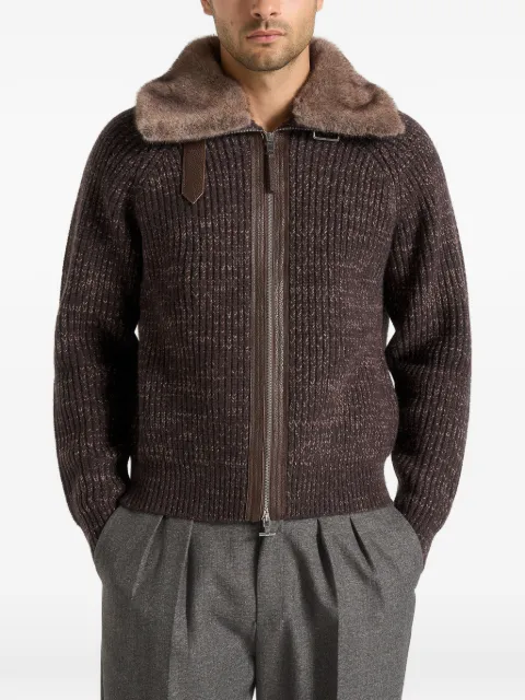 Manière De Voir Ariel plush-collar speckled knit brown cardigan