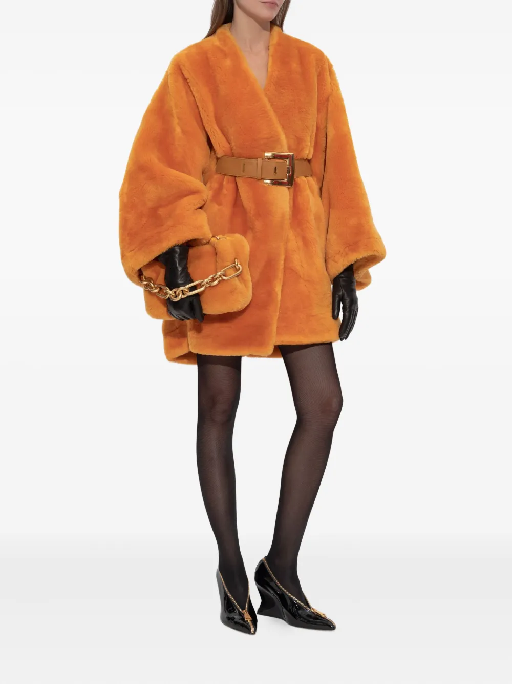 Balmain belted fur coat - Oranje