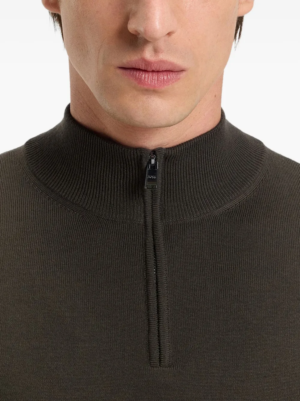 Hugo Boss Ebenji Zip-neck Wool Sweater In Brown