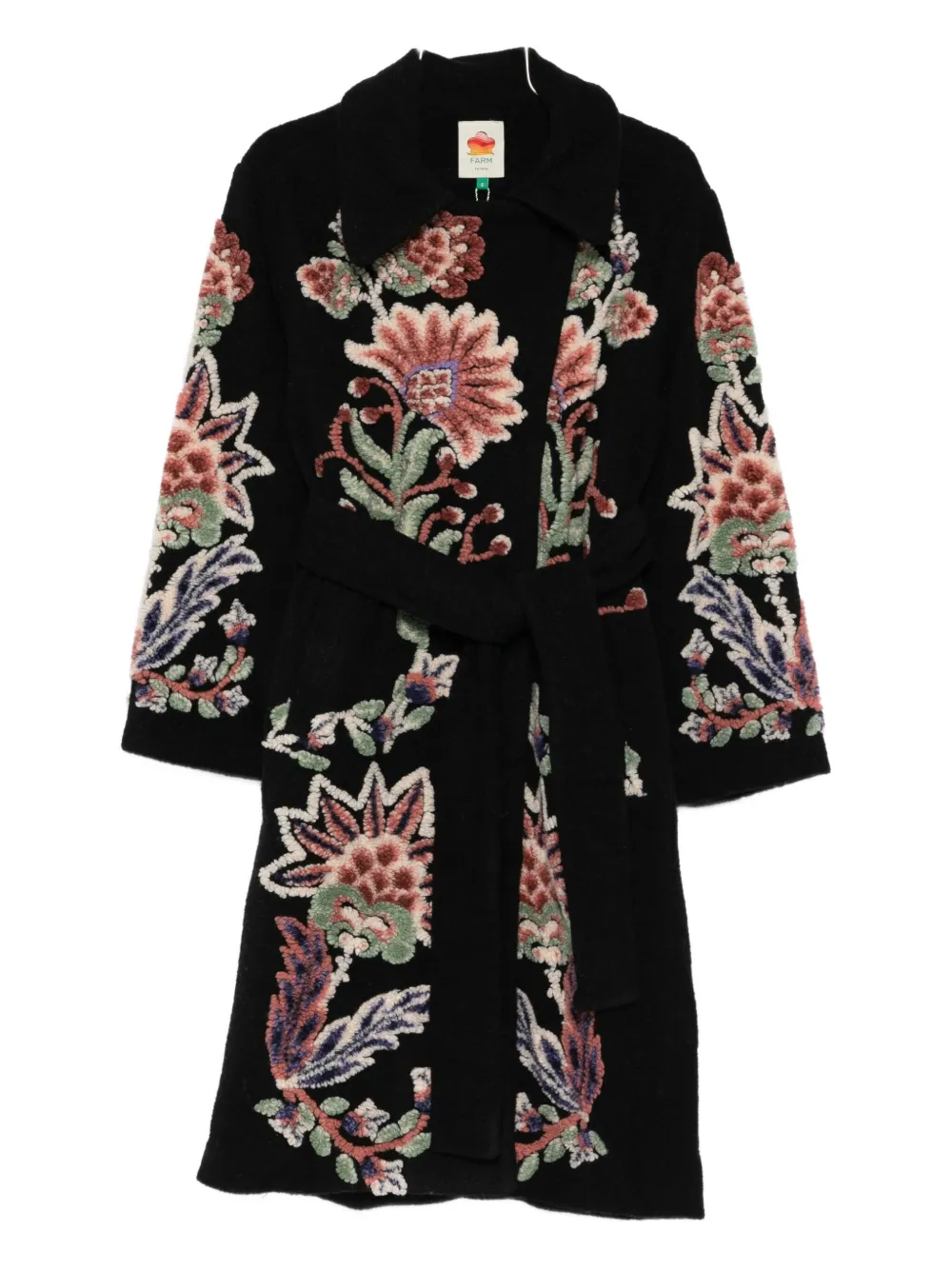 Farm Rio Floral-embroidered Belted Coat In Black