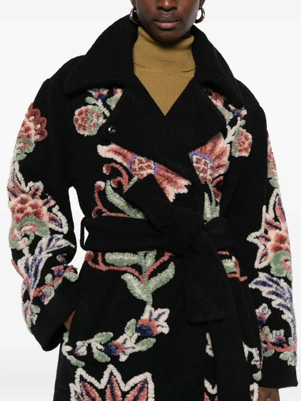 Farm Rio Floral-embroidered Belted Coat In Black
