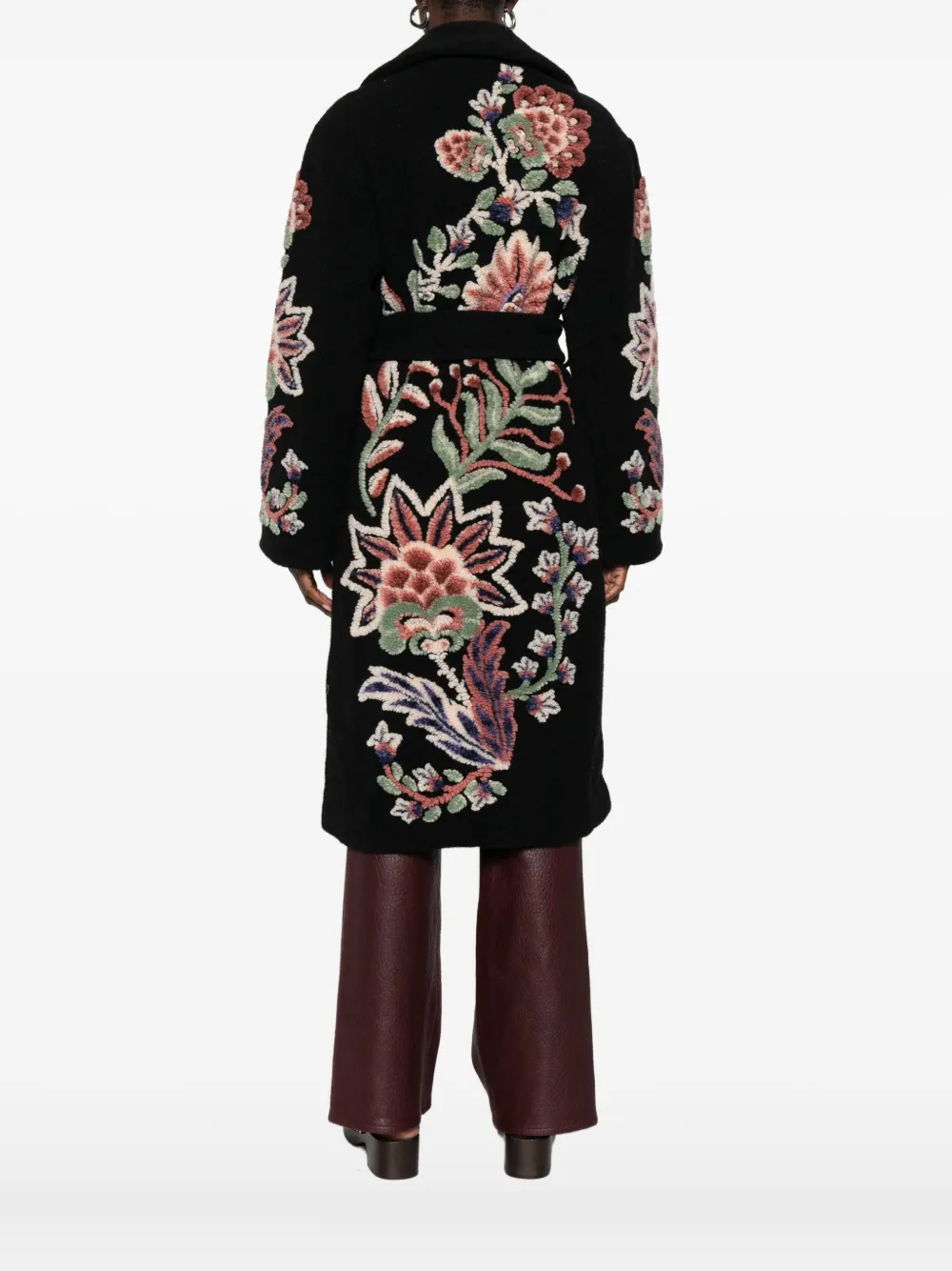 Farm Rio Floral-embroidered Belted Coat In Black