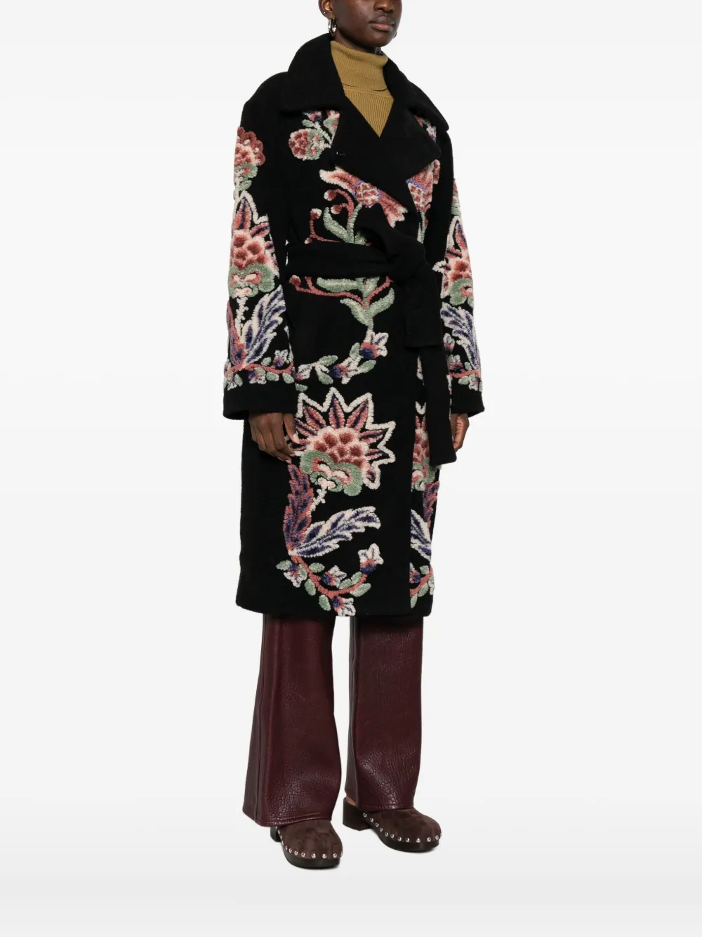 Farm Rio Floral-embroidered Belted Coat In Black