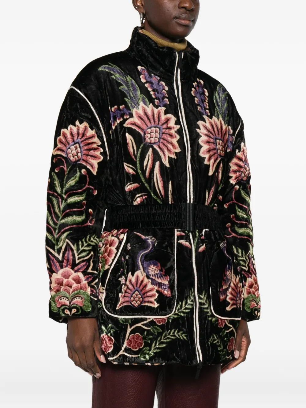 Farm Rio Padded Velvet Jacket With Floral And Bird Embroidery In Black