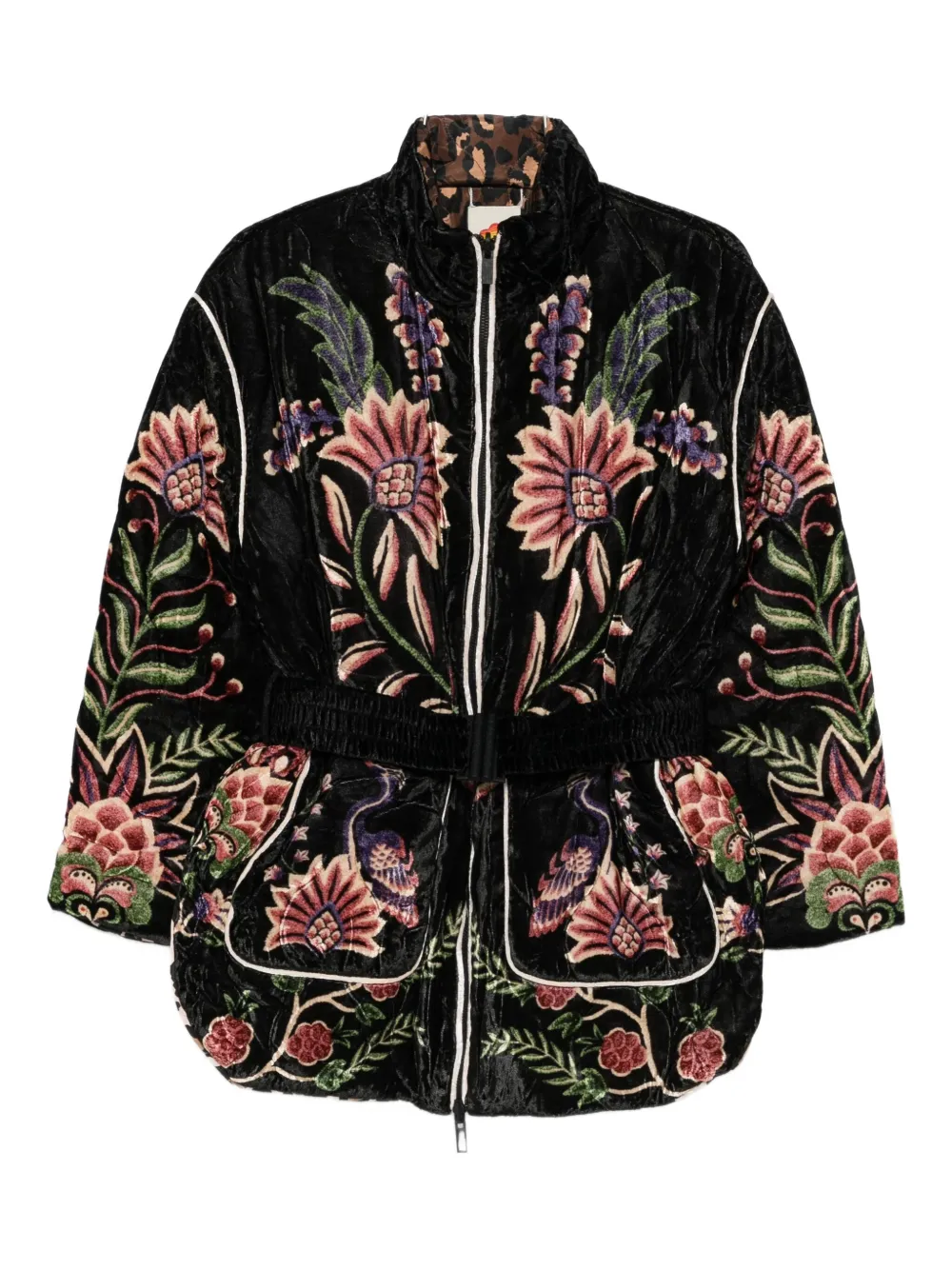 Farm Rio Padded Velvet Jacket With Floral And Bird Embroidery In Black