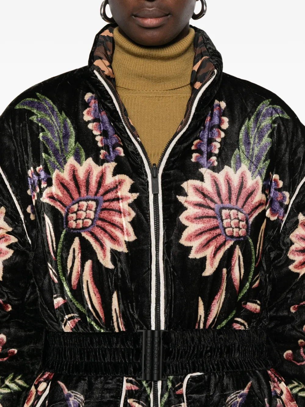 Farm Rio Padded Velvet Jacket With Floral And Bird Embroidery In Black