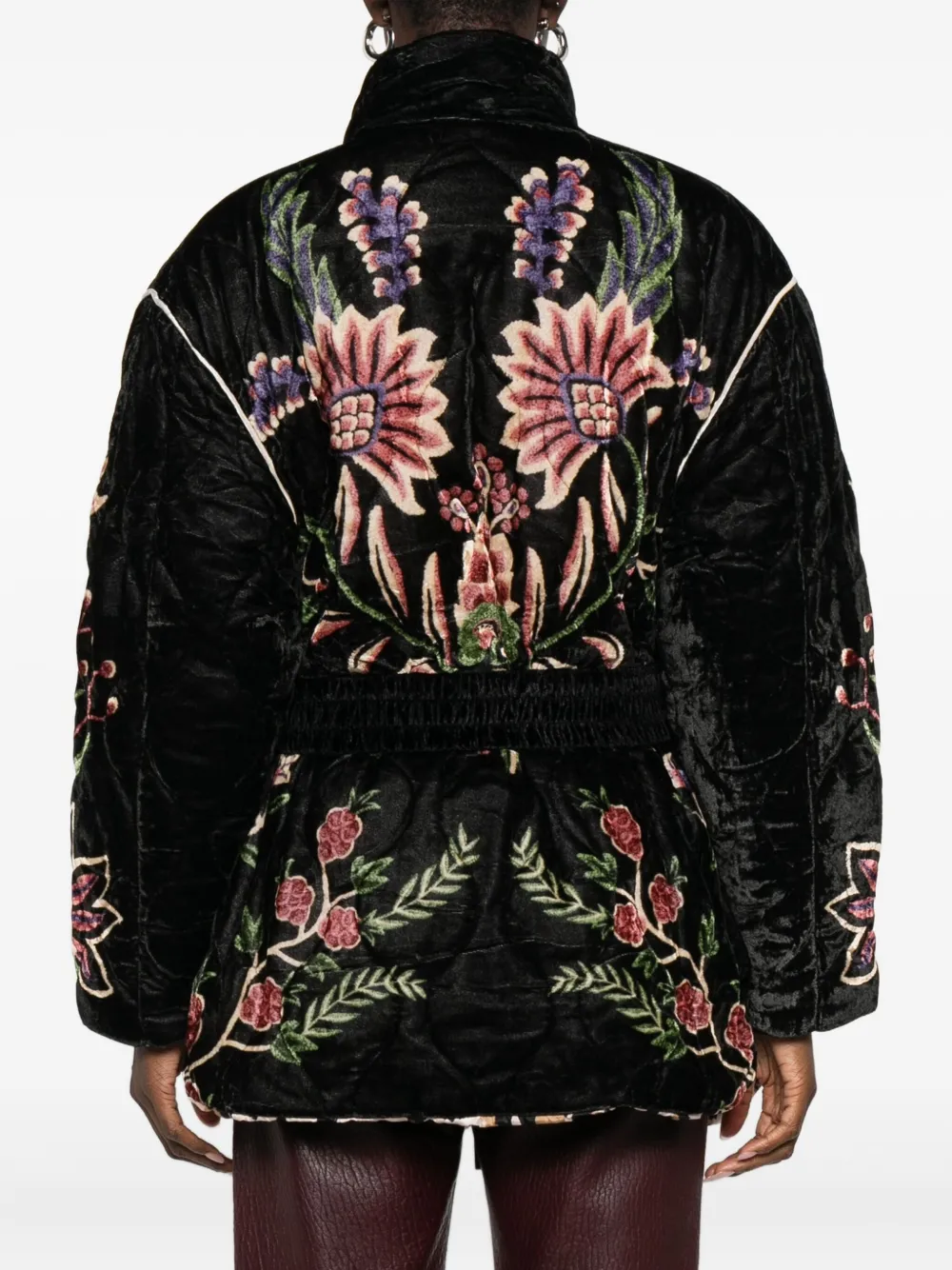 Farm Rio Padded Velvet Jacket With Floral And Bird Embroidery In Black