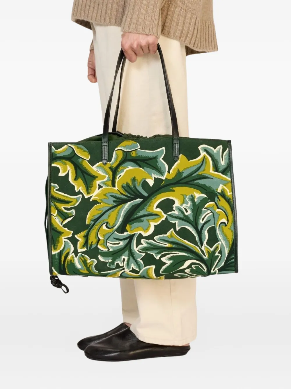 Inoui Editions Shopper met bladerprint - Groen