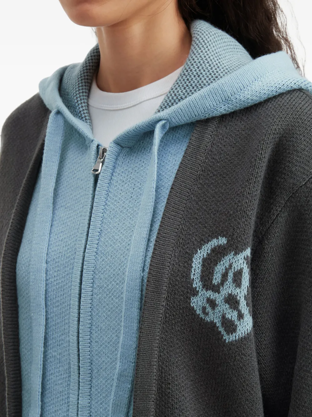 B+ab Zip Graphic Hooded Cardigan In Gray