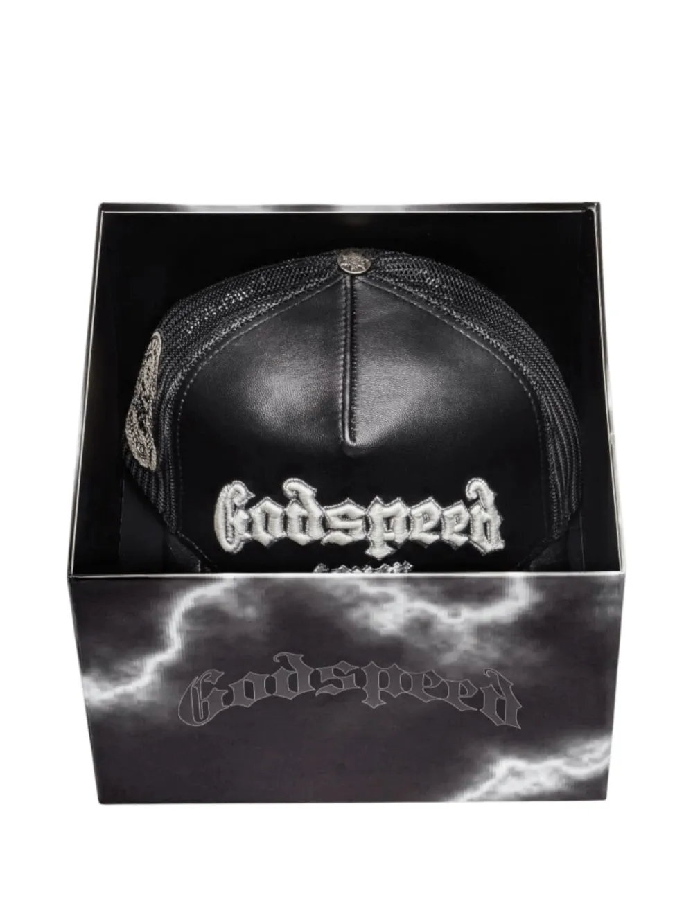 Godspeed Embroidered Leather Trucker Hat In Black