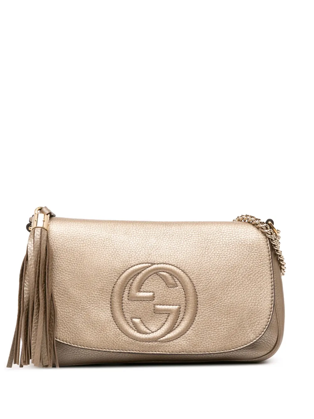 Pre-owned Gucci 2016-2025 Medium Metallic Leather Soho Chain Flap Crossbody Bag In Gold