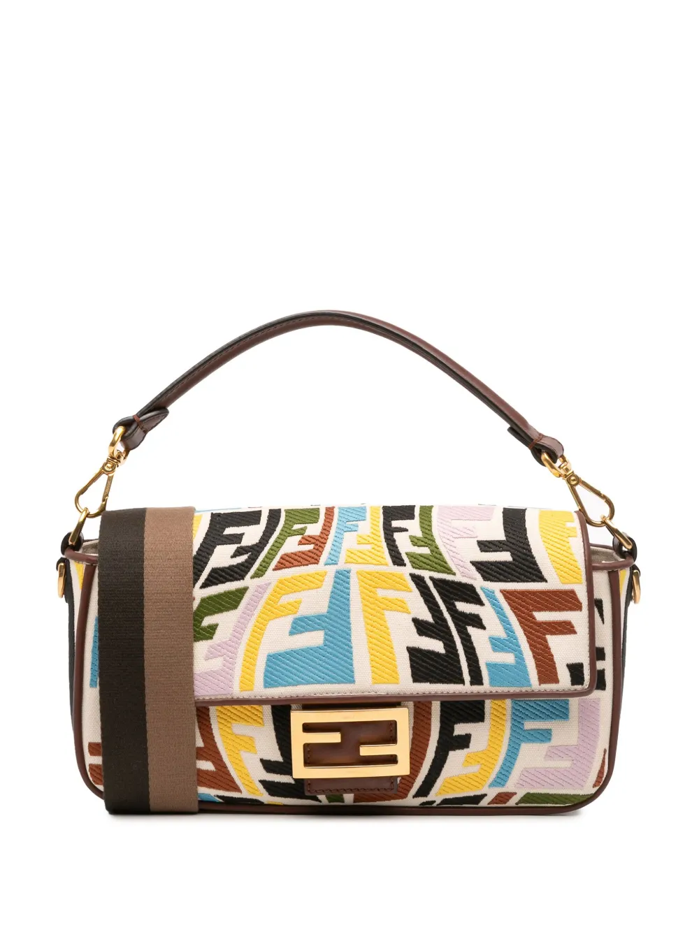 Pre-owned Fendi 2010-2025 Sarah Coleman Zucca Embroidered Canvas Fish Eye Vertigo Baguette Satchel In Brown