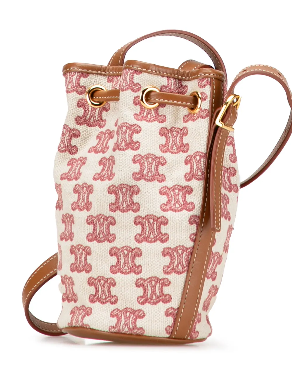 Pre-owned Celine 2020 Micro Triomphe Embroidered Canvas Drawstring Bucket Bag In Brown
