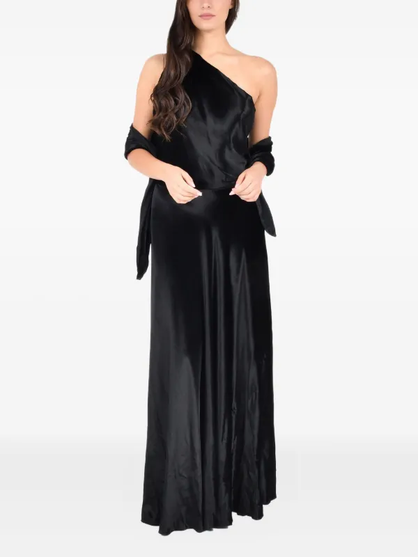 alberta ferretti maxi dress Long silk gown with shoulder-revealing cape
