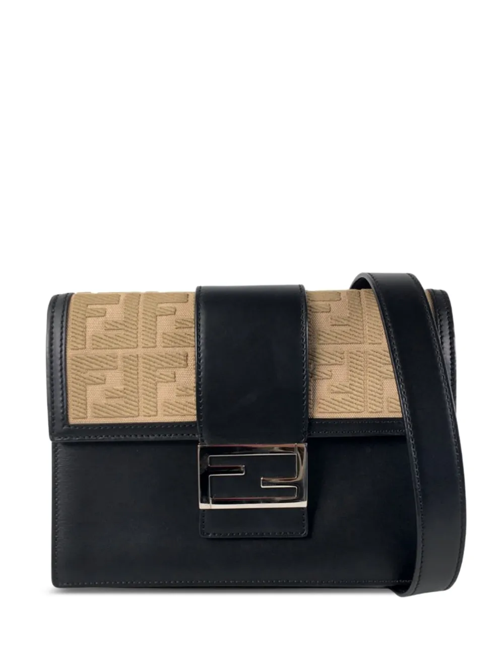 Сумка через плечо из плоского багета FF 1974, бывшая в употреблении у Fendi в 2010-2025 годах, из телячьей кожи и холста