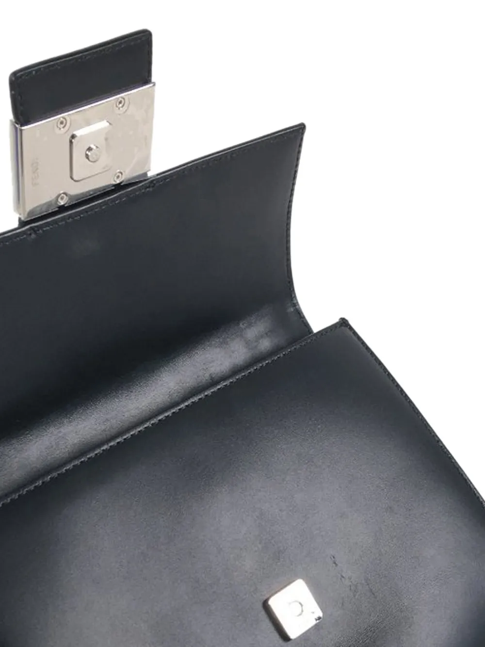 Pre-owned Fendi 2010-2025 Calfskin And Canvas Ff 1974 Flat Baguette Crossbody Bag In Black