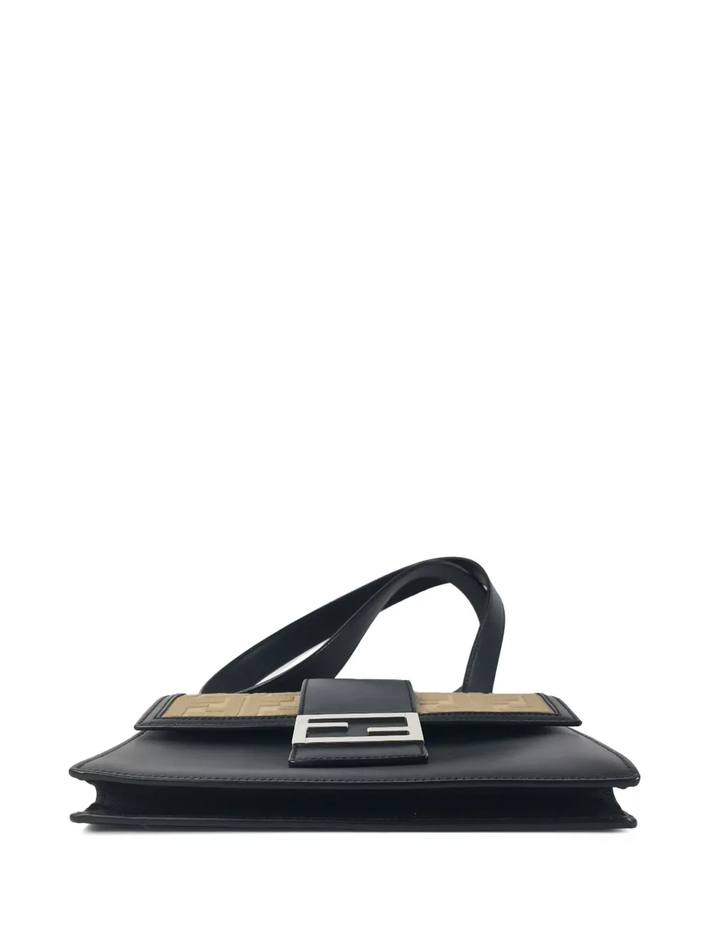 Pre-owned Fendi 2010-2025 Calfskin And Canvas Ff 1974 Flat Baguette Crossbody Bag In Black