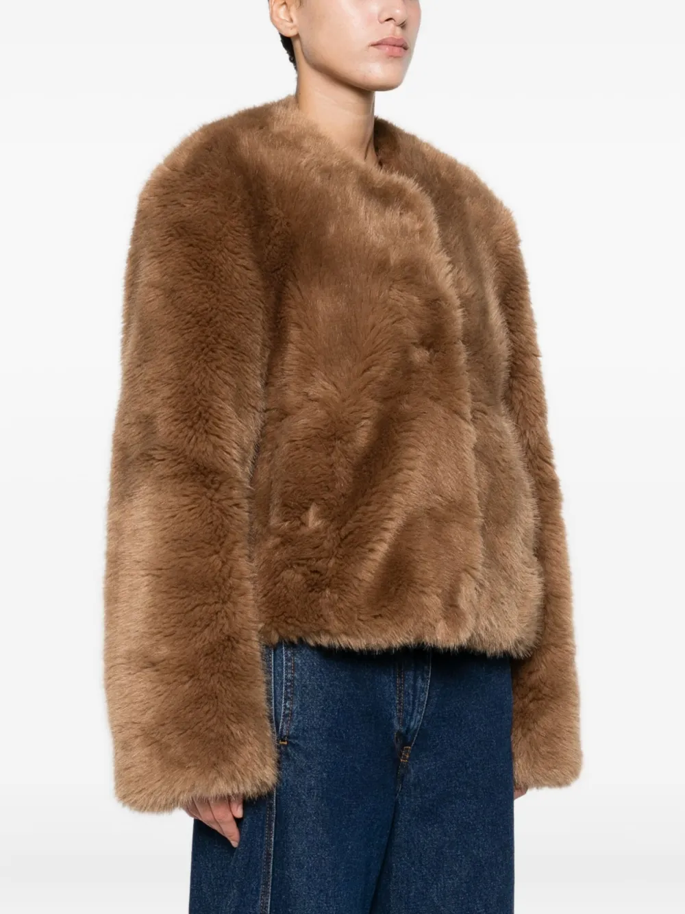 Stand Studio Cropped Faux Fur Coat With Minimalistic Design And Plush Texture In Brown