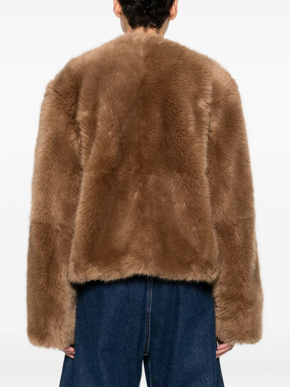 Stand Studio Cropped Faux Fur Coat With Minimalistic Design And Plush Texture In Brown
