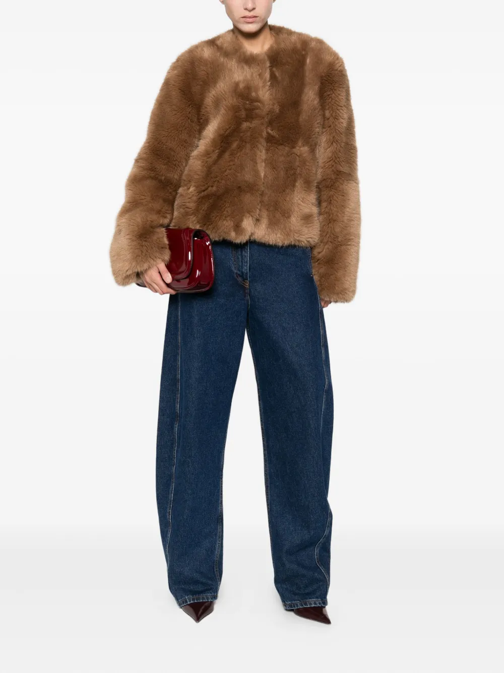 Stand Studio Cropped Faux Fur Coat With Minimalistic Design And Plush Texture In Brown