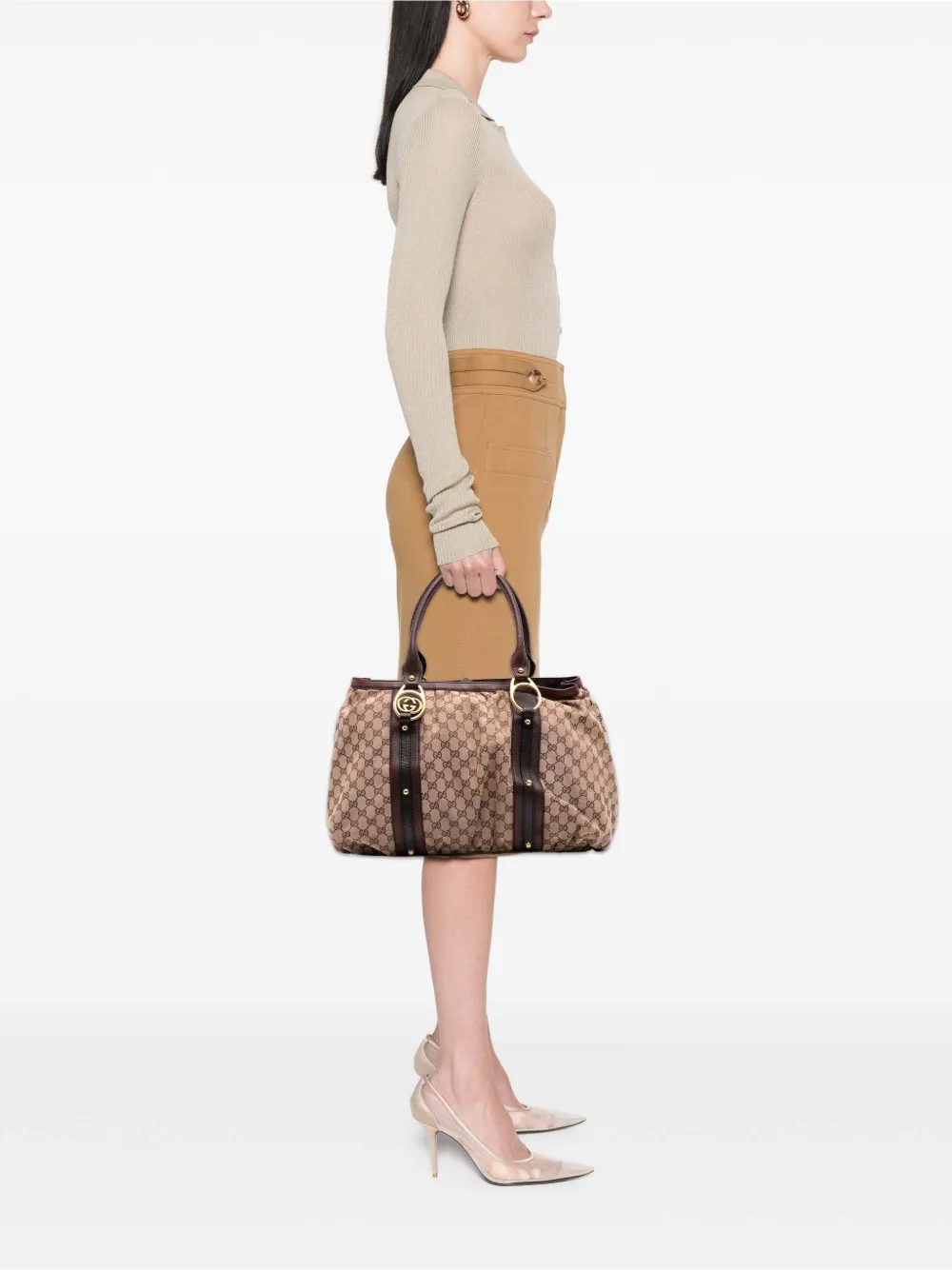 Pre-owned Gucci 2016-2025 Gg Canvas Interlocking G Tote Bag In Brown