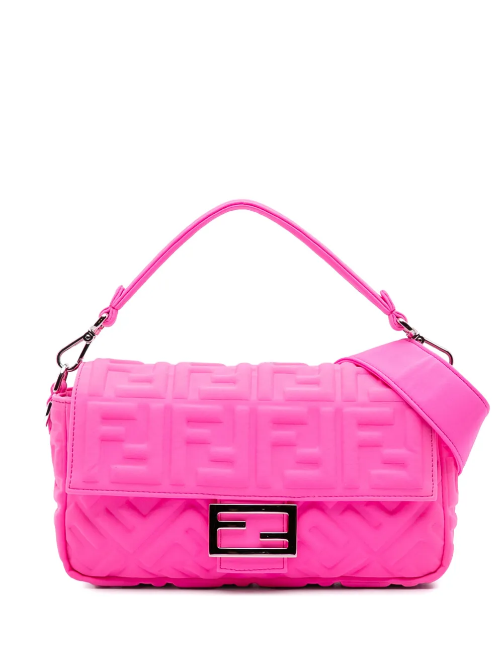 Pre-owned Fendi 2010-2025 Medium Embossed Lycra Baguette Satchel In Pink