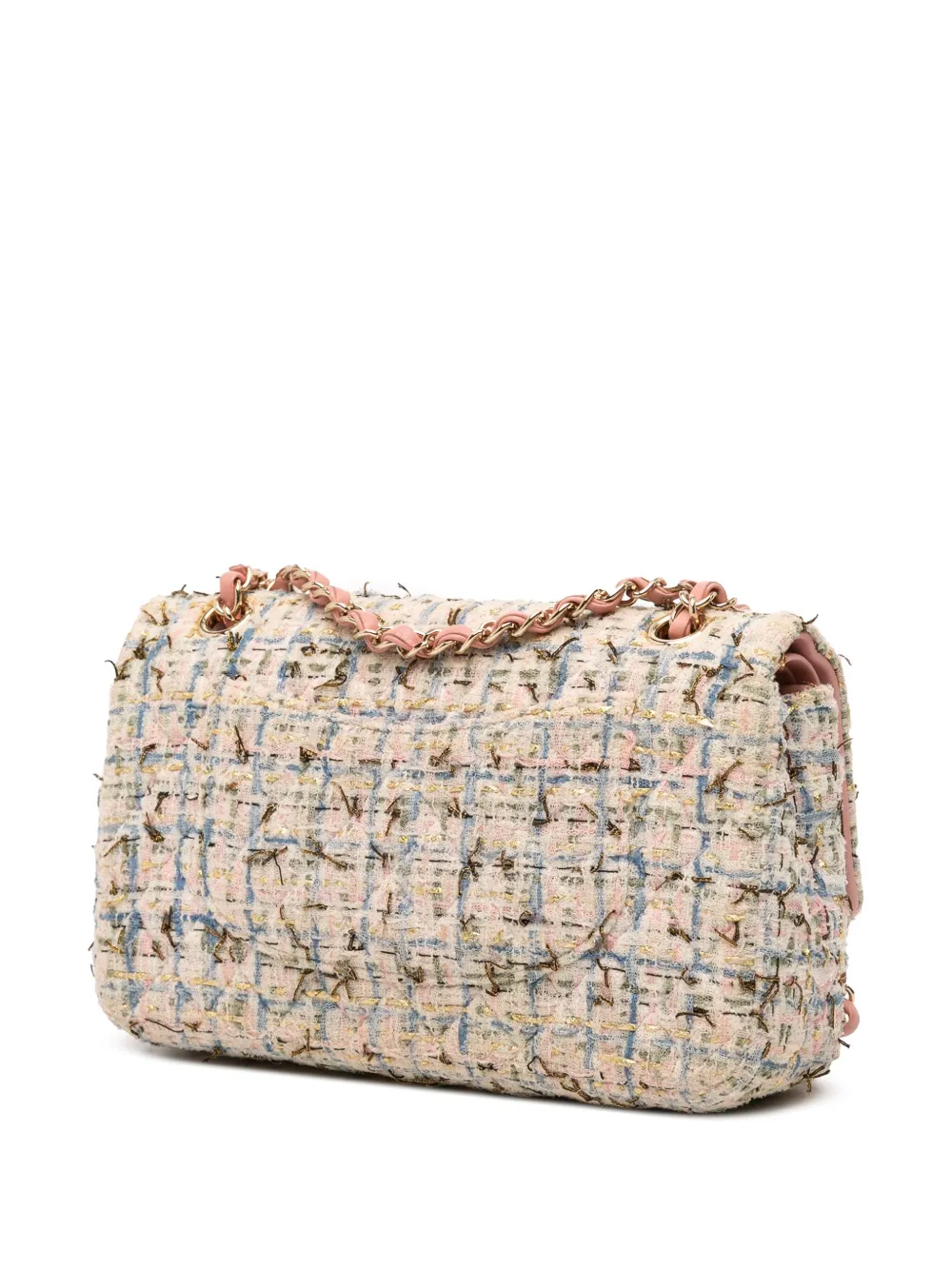 Pre-owned Chanel 2019 Medium Classic Boucle Tweed Double Flap Shoulder Bag In Pink