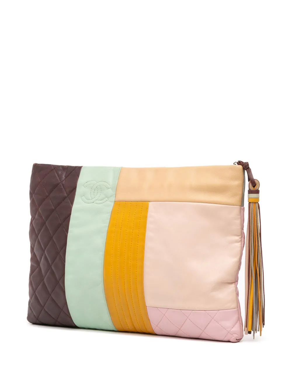 Pre-owned Chanel 2016-2017 Large Lambskin Colorblock Patchwork O Case Clutch Bag In Brown