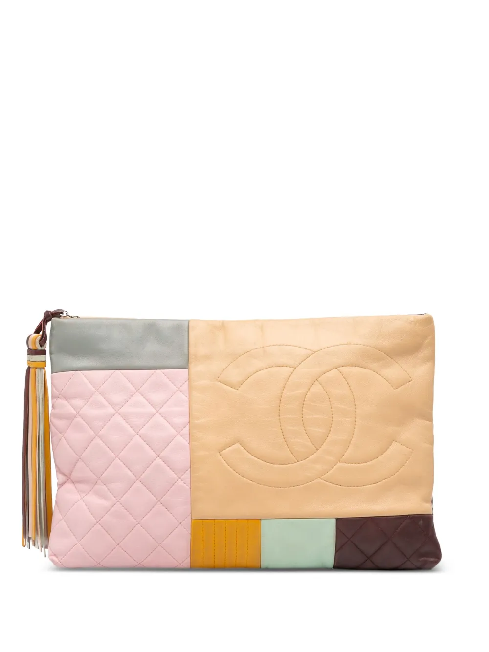 Pre-owned Chanel 2016-2017 Large Lambskin Colorblock Patchwork O Case Clutch Bag In Brown