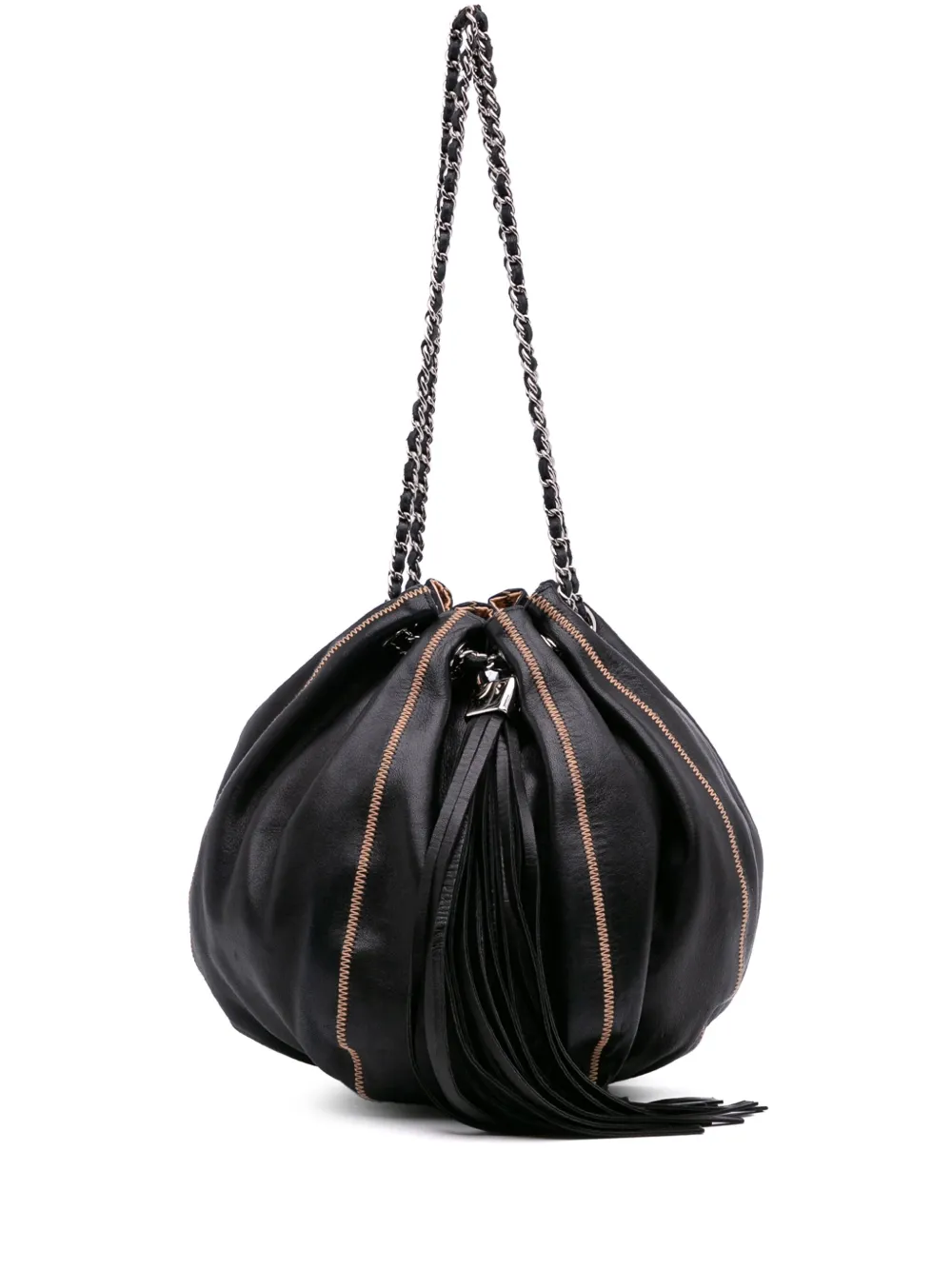 Pre-owned Chanel 2003-2004 Lambskin And Satin Reversible Sac Cordon Bucket Bag In Brown