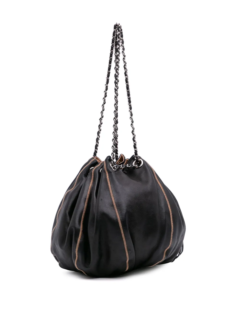 Pre-owned Chanel 2003-2004 Lambskin And Satin Reversible Sac Cordon Bucket Bag In Brown