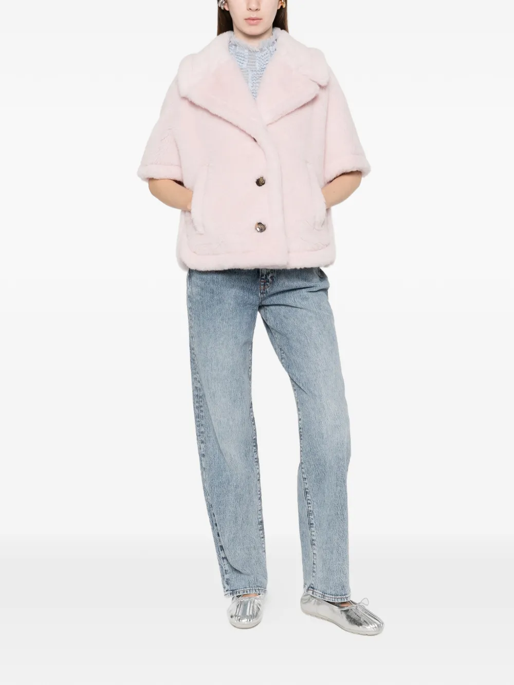 Max Mara Teddy-texture Buttoned Cape In Pink