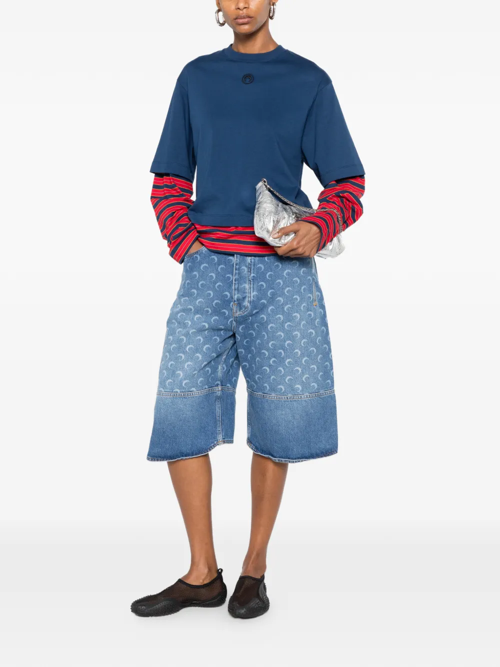Marine Serre Denim shorts met maanprint en vlakken Blauw