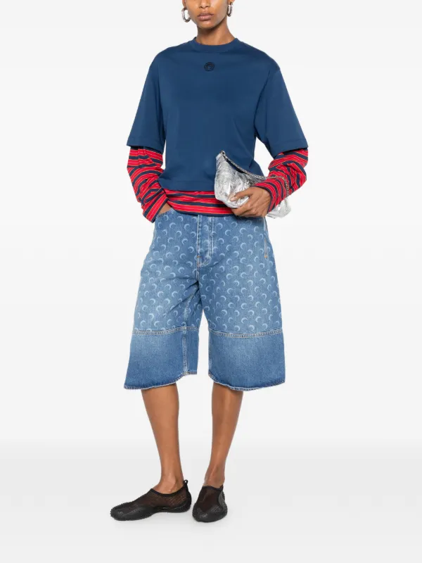 Marine Serre moon-print Panelled Denim Shorts | Blue | FARFETCH