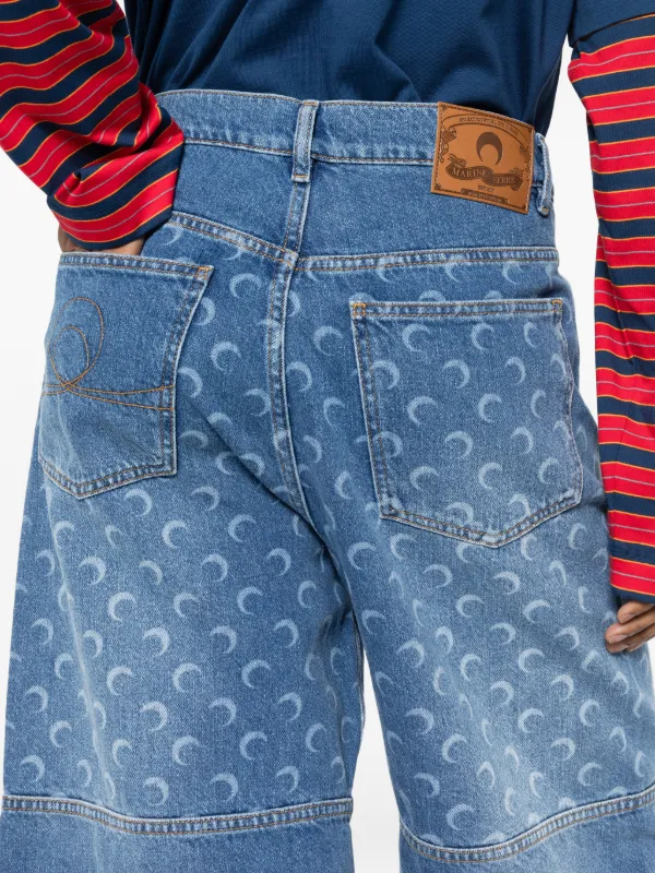 Marine Serre moon-print Panelled Denim Shorts | Blue | FARFETCH