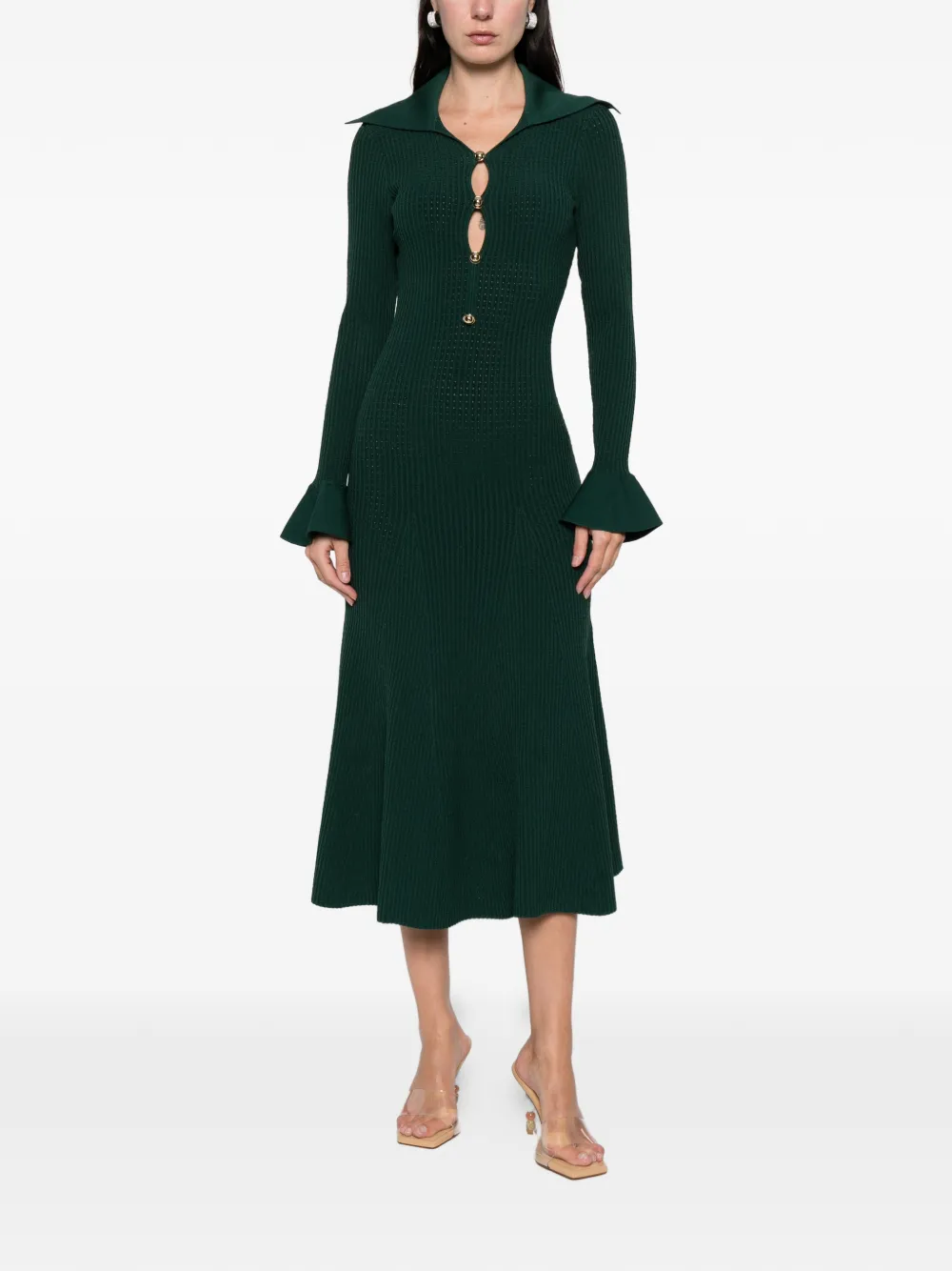 Self-Portrait collared knitted midi dress - Groen