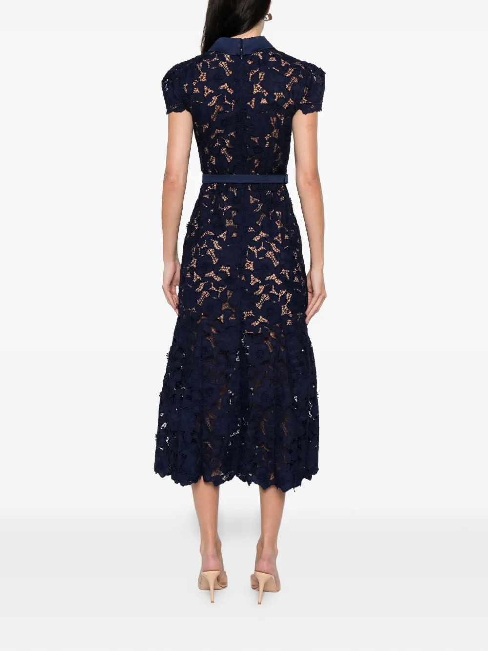 Self-portrait Navy Guipure Lace Midi Dresses Blue In Black
