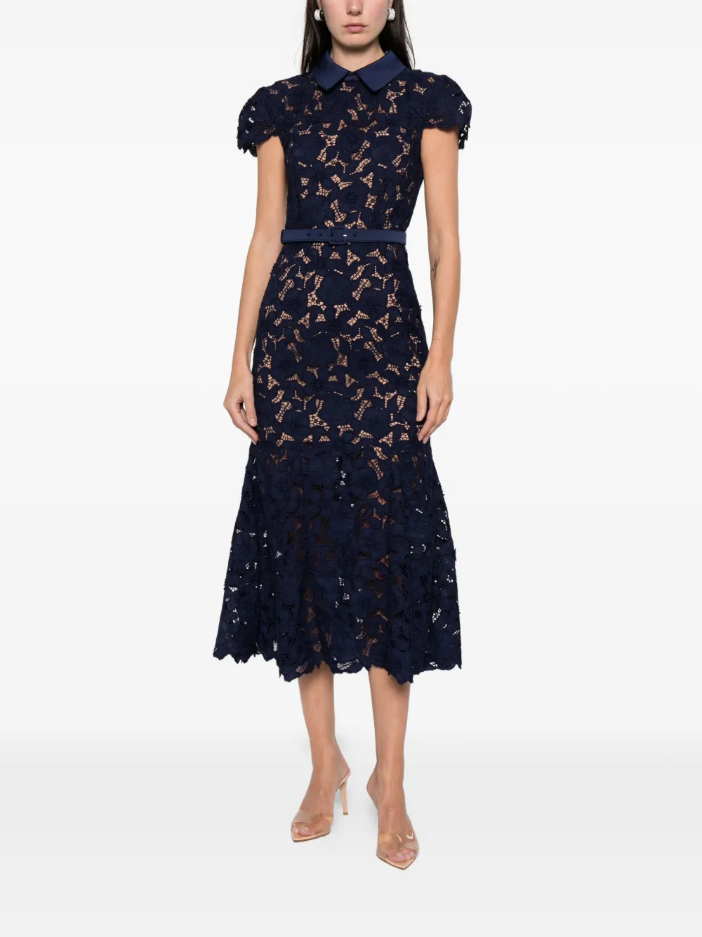 Self-portrait Navy Guipure Lace Midi Dresses Blue In Black