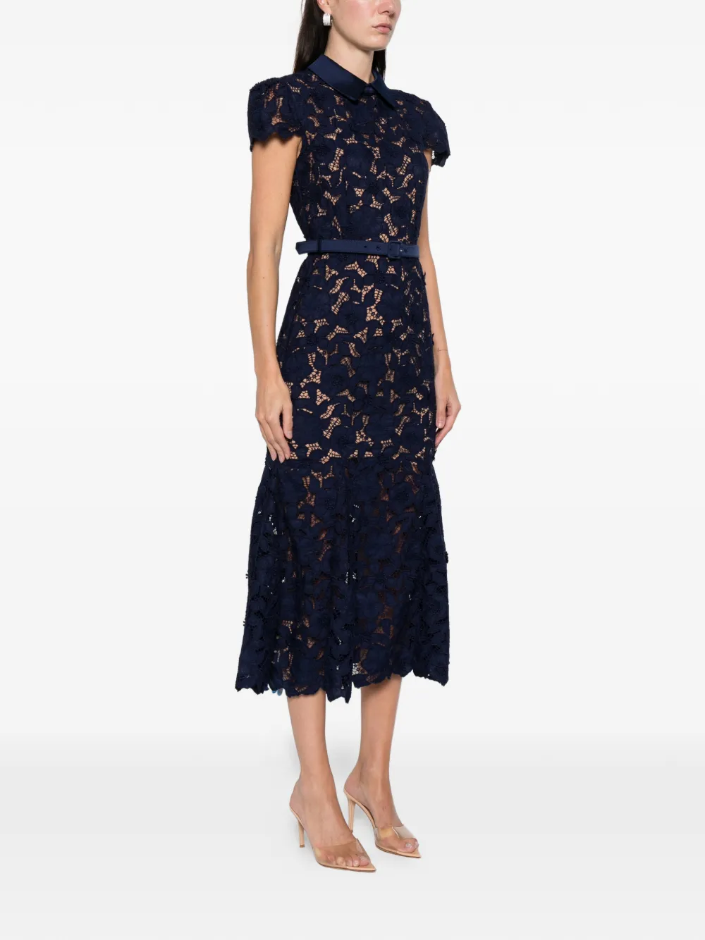 Self-portrait Navy Guipure Lace Midi Dresses Blue In Black
