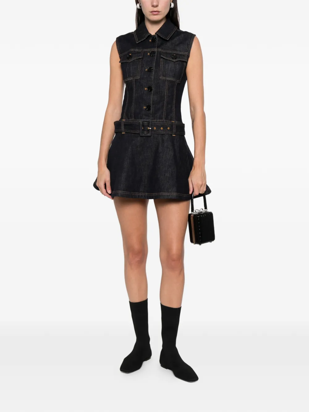 Self-portrait Belted Denim Mini Dress In Multi