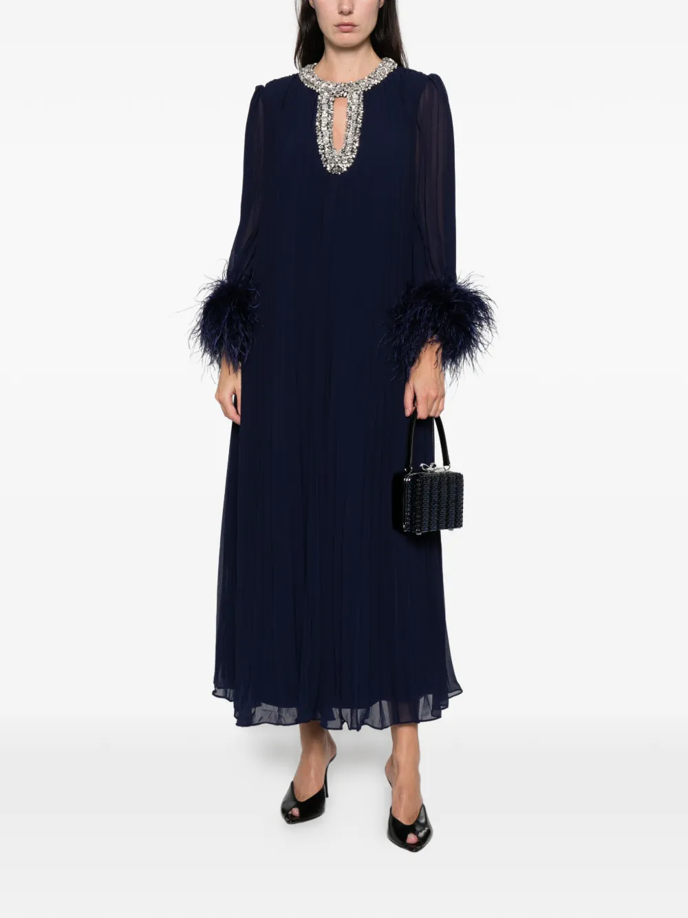 Self-Portrait feather-cuff pleated maxi dress - Blauw