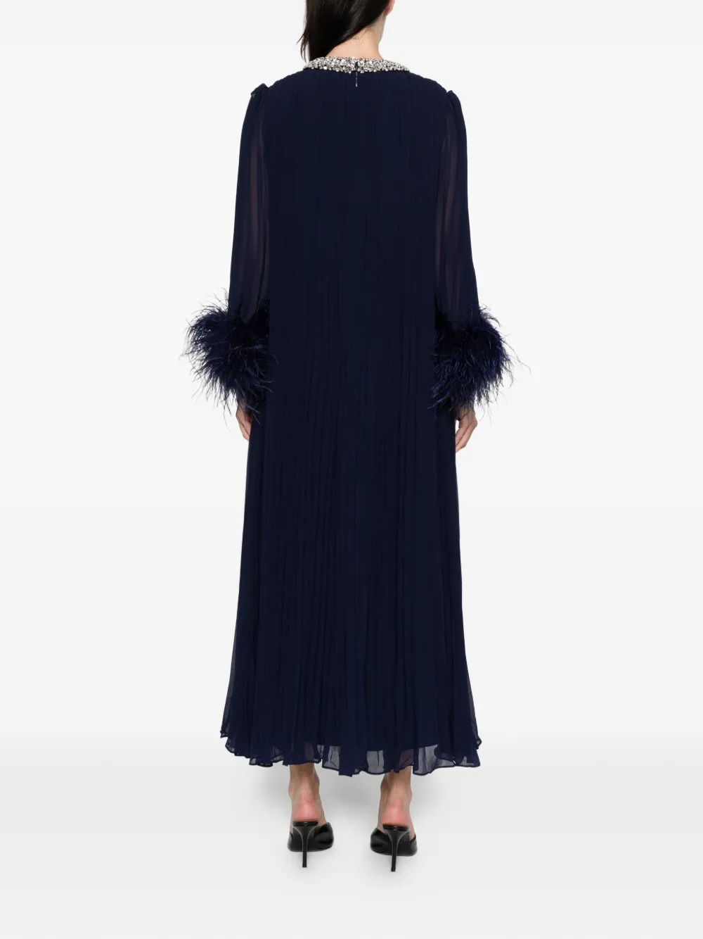 Self-Portrait Geplooide maxi-jurk met veren cuffs Blauw