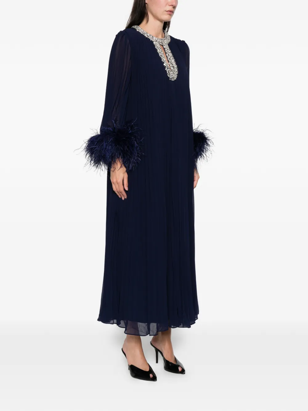 Self-Portrait Geplooide maxi-jurk met veren cuffs Blauw